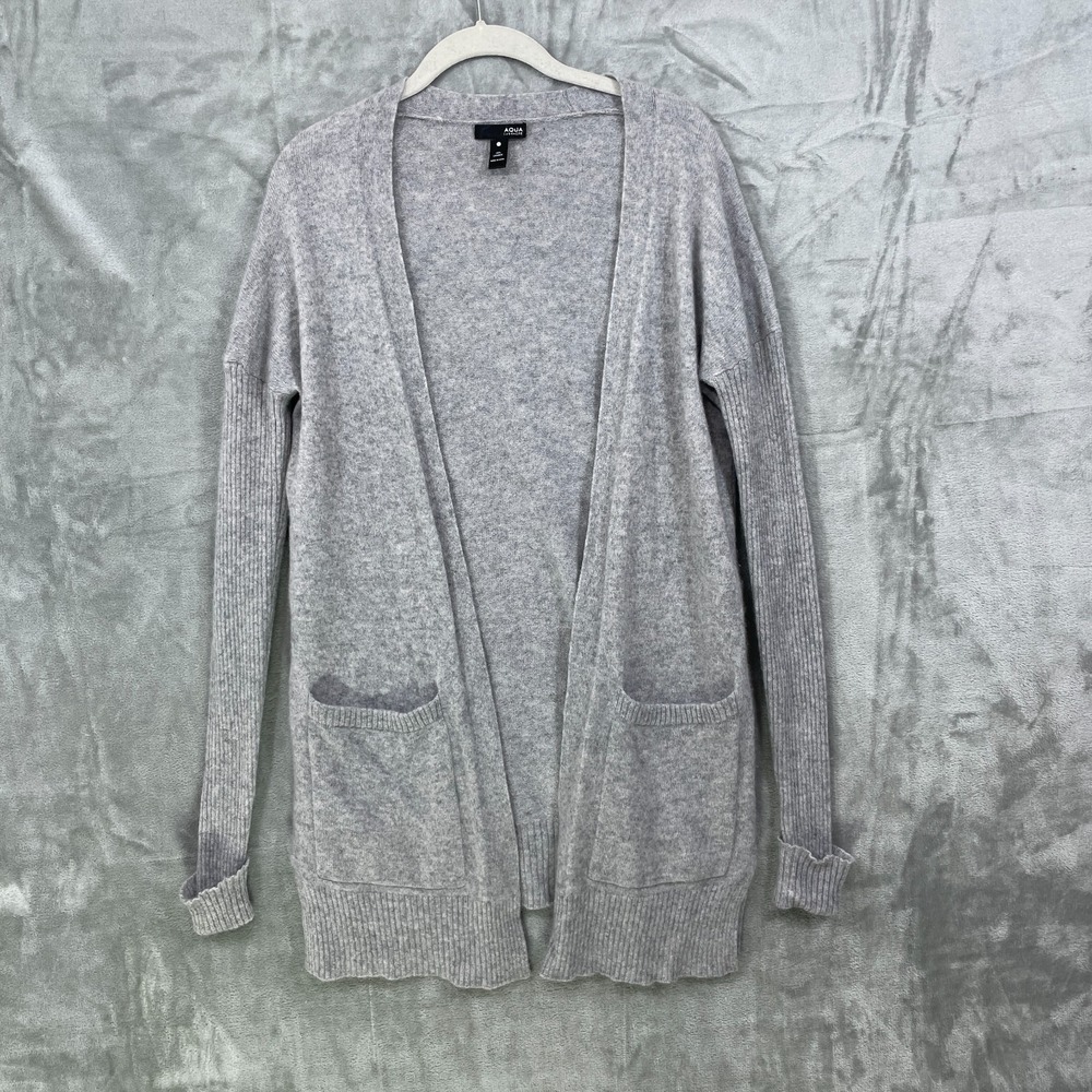 AQUA‎ Cashmere Women's Size M Cardigan Open Front Sweater Gray Pockets Long